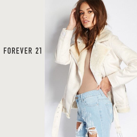 Forever 21 Faux Fur Lined Sherpa Moto Jacket, Cream, Size M - Picture 2 of 13